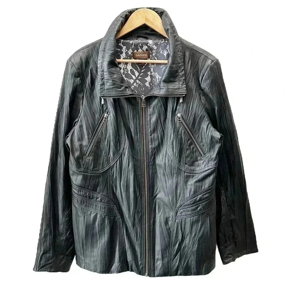 Vintage Danier Leather Moto Jacket Zippered Blazer Coat Black Size XL